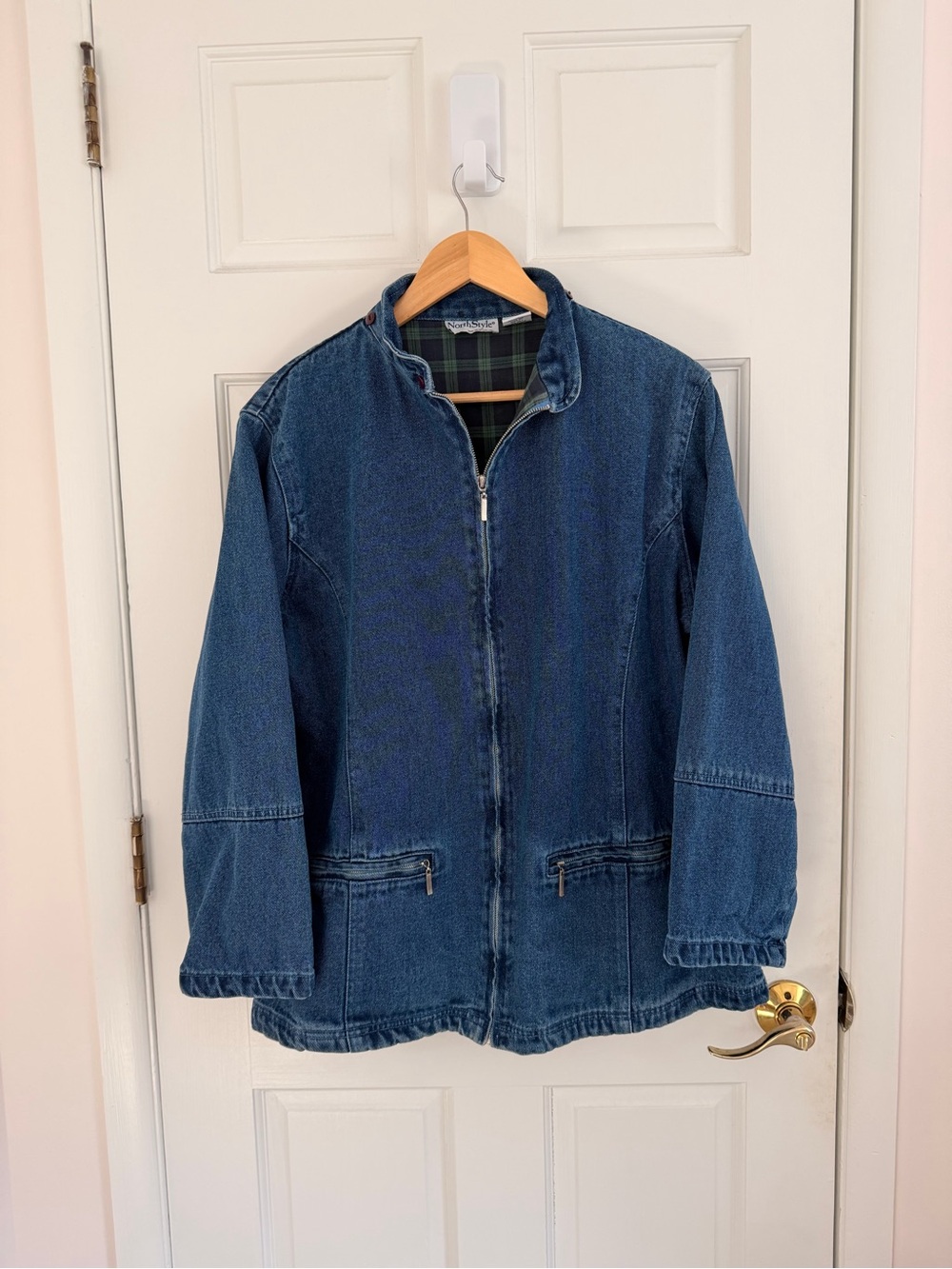 NorthStyle Blue Denim Jacket with Green Plaid Lining